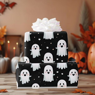 Cute Pastel Pink Halloween Ghost & Pumpkin Wrapping Paper