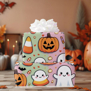 Cute Pastel Pink Halloween Ghost & Pumpkin  Wrapping Paper