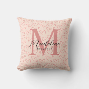 Cute Pastel Pink Heart Pattern Script Monogram Cushion