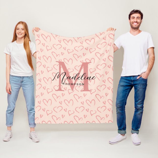 Cute Pastel Pink Heart Pattern Script Monogram Fleece Blanket (In Situ)