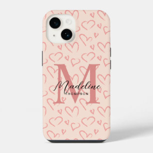 Cute Pastel Pink Heart Pattern Script Monogram iPhone 14 Case