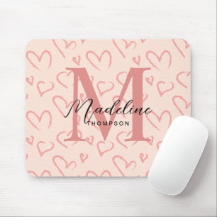 Cute Pastel Pink Heart Pattern Script Monogram Mouse Pad