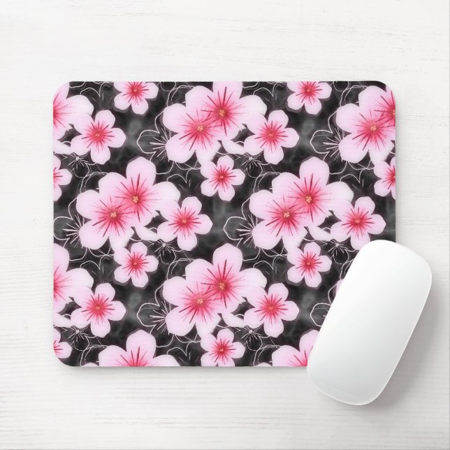 Cute Pastel Pink Hibiscus Floral Pattern On Black Mouse Pad (With Mouse)