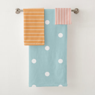 Cute Pastel Pink Orange Blue Stripes & Polka Dots Bath Towel Set