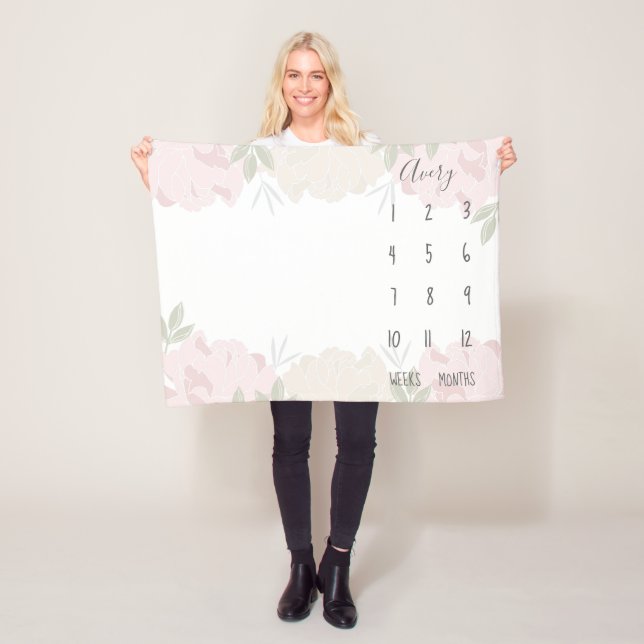 Cute Pastel Pink Peonies Floral Baby Milestone Fleece Blanket (In Situ)