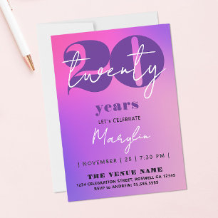 Cute Pastel Pink Purple 20th Twenty Ombre Bold Invitation