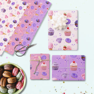 Cute Pastel Pink Purple Cupcake Doughnut Pattern Wrapping Paper Sheet