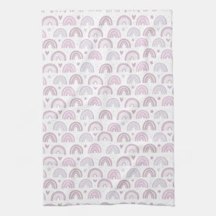 Cute Pastel Pink Rainbows Hearts & Stars pattern Tea Towel