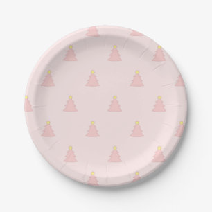 Cute Pastel Pink Rose Christmas Trees Pattern Paper Plate
