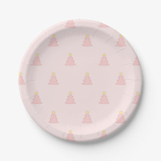 Cute Pastel Pink Rose Christmas Trees Pattern Paper Plate