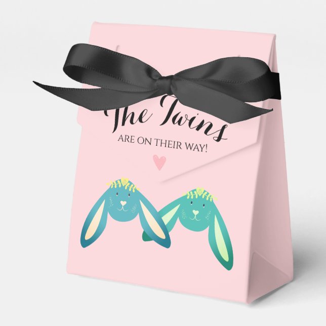 Cute Pastel Pink Twin Bunnies Baby Shower Party  Favour Box (Front Side)