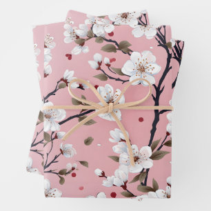 Cute Pastel Pink White Sakura Tree Branch Asian Wrapping Paper Sheet