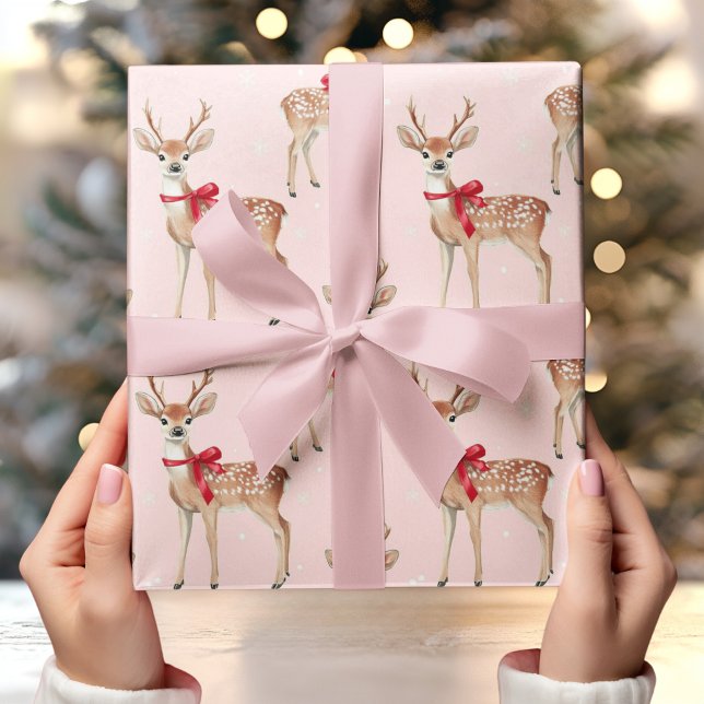 Cute Pastel Pink with Deer and Red Bow  Wrapping Paper (Creator Uploaded)