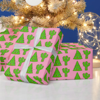 Cute Pastel Pink Xmas Tree Cactus Funny Christmas Wrapping Paper