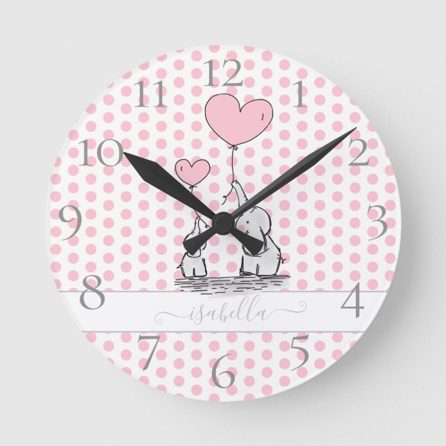 Cute Pastel Polka Dot Pink Baby and Mum Elephant Round Clock (Front)
