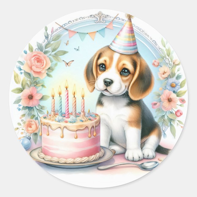 Cute Pastel Puppy Beagle - Birthday  Classic Round Sticker (Front)