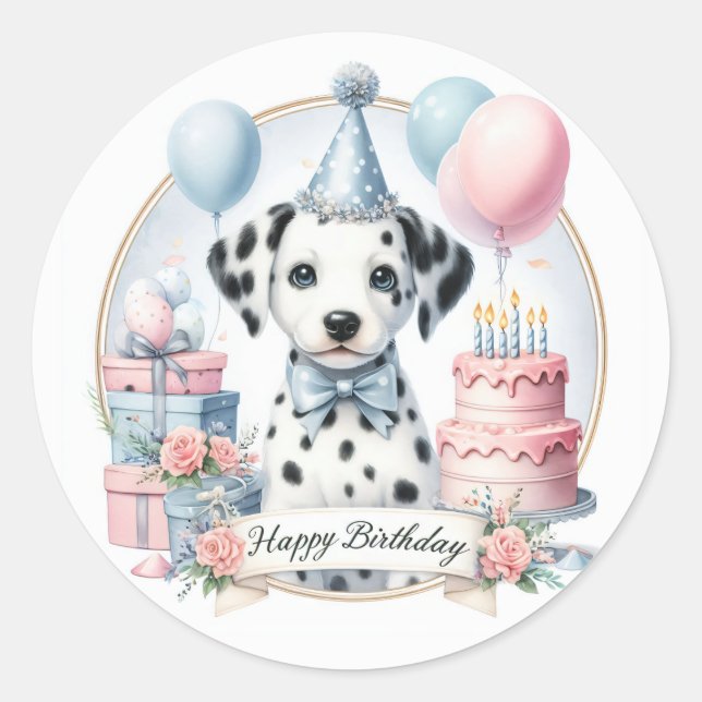 Cute Pastel Puppy Dalmatian - Birthday  Classic Round Sticker (Front)