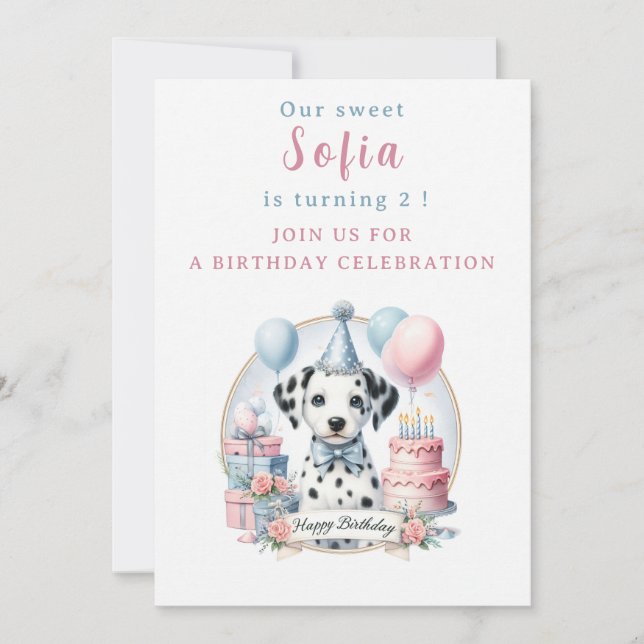 Cute Pastel Puppy Dalmatian - Birthday  Invitation (Front)
