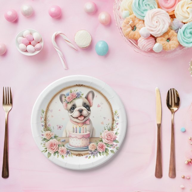 Cute Pastel Puppy French Bulldog - Birthday  Paper Plate (Creator Uploaded)