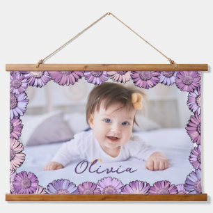 Cute Pastel Purple Daisy Name Photo Grandchildren Hanging Tapestry