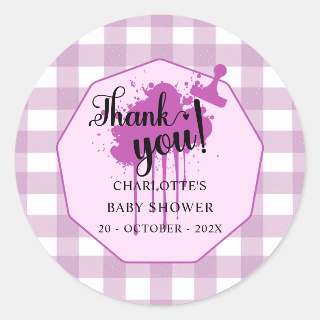 Cute Pastel Purple Gingham Baby Shower Classic Round Sticker (Front)