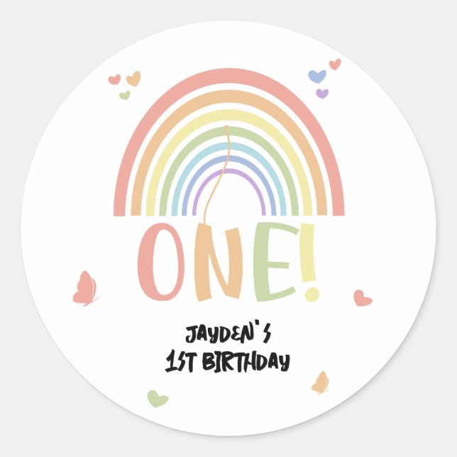 Cute Pastel Rainbow 1st Birthday Classic Round Sticker (Front)