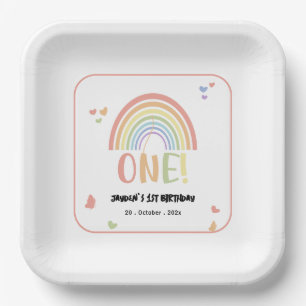 Cute Pastel Rainbow 1st Birthday Paper Plate