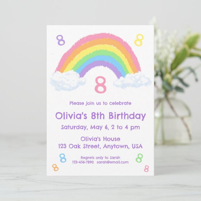 Cute Pastel Rainbow and Clouds Birthday Invitation (Standing Front)