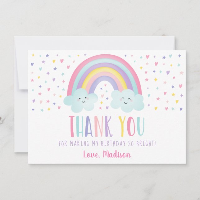 Cute Pastel Rainbow Clouds Birthday Thank You Card (Front)