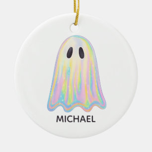 Cute Pastel Rainbow Ghost   Aesthetic Spooky Ceramic Ornament
