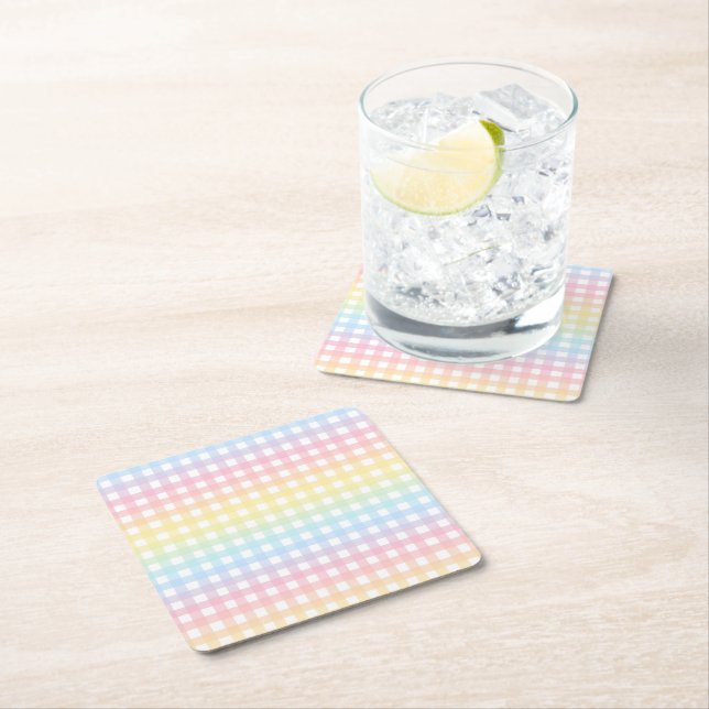 Cute Pastel Rainbow Gingham Plaid Square Paper Coaster (Insitu)