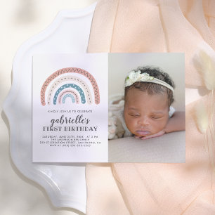Cute Pastel Rainbow Girl's First Birthday Photo Invitation