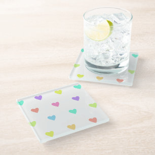 Cute Pastel Rainbow Hearts Pattern Glass Coaster