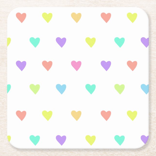 Cute Pastel Rainbow Hearts Pattern Square Paper Coaster (Front)
