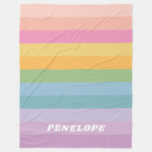 Cute Pastel Rainbow Stripes Personalised Name Fleece Blanket