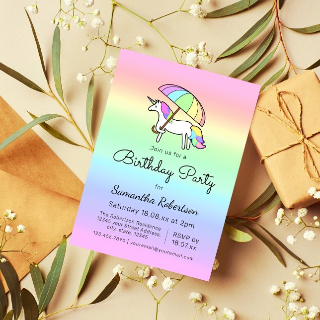 Cute Pastel Rainbow Unicorn Birthday Party Invitation (Creator Uploaded)