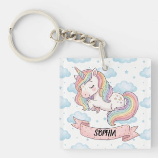 Cute Pastel Rainbow Unicorn Clouds Personalized Key Ring