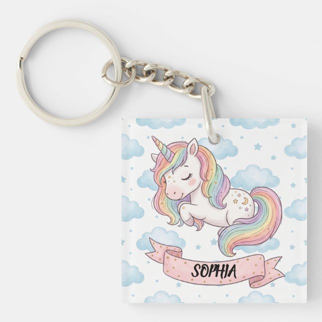 Cute Pastel Rainbow Unicorn Clouds Personalized Key Ring (Front)
