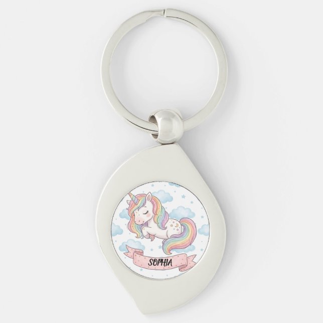 Cute Pastel Rainbow Unicorn Clouds Personalized Key Ring (Front)
