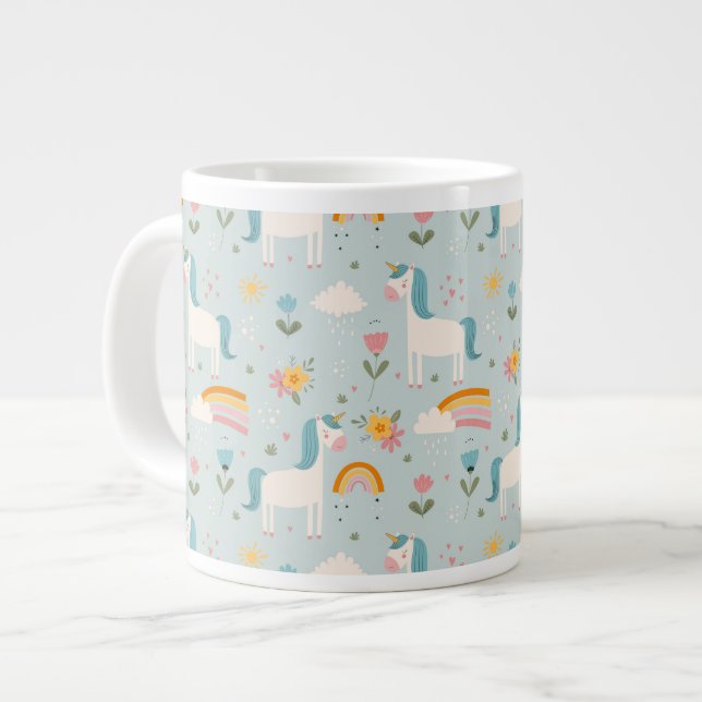 Cute pastel Rainbow Unicorn Pattern Large Coffee Mug (Front Left)