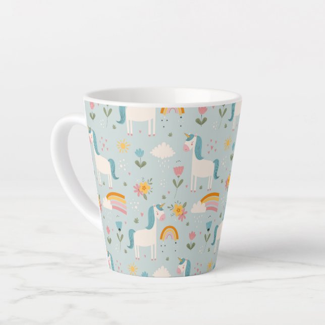 Cute pastel Rainbow Unicorn Pattern Latte Mug (Left Angle)