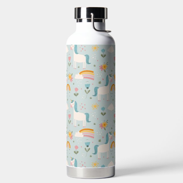Cute pastel Rainbow Unicorn Pattern Water Bottle (Left)