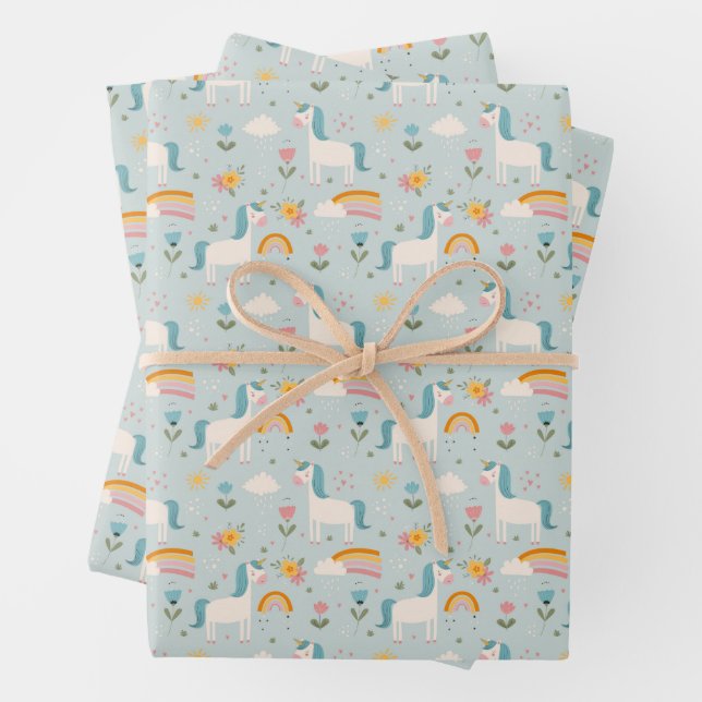 Cute pastel Rainbow Unicorn Pattern Wrapping Paper Sheet (In situ)