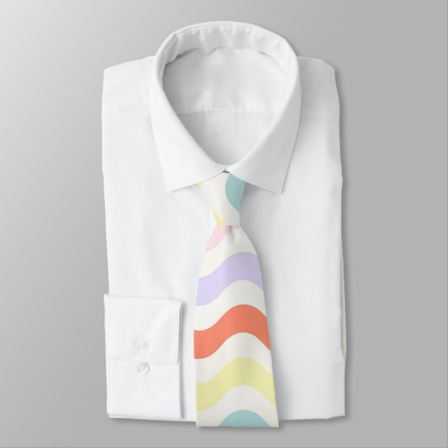 Cute Pastel Rainbow Wavy Lines Colorful Geometric  Tie (Tied)