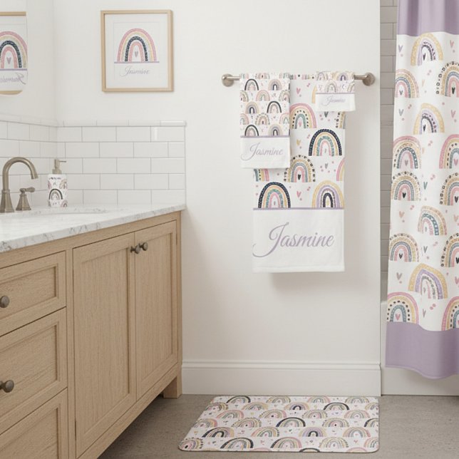 Cute pastel rainbows personalised bath towel set (Creator Uploaded)