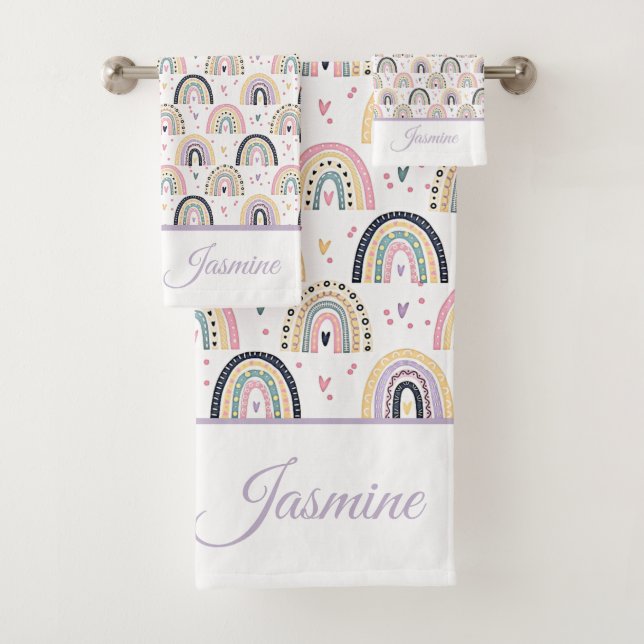 Cute pastel rainbows personalised bath towel set (Insitu)