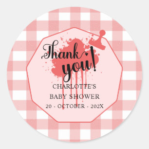 Cute Pastel Red Gingham Baby Shower Classic Round Sticker