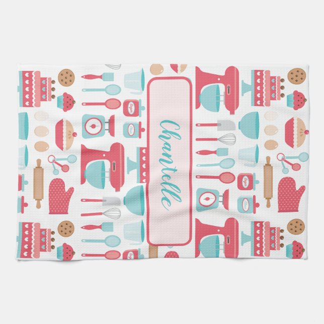 Cute pastel retro kitchen utensils pattern tea towel (Horizontal)