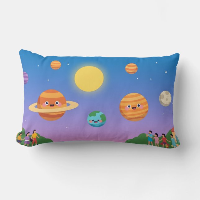 Cute Pastel Solar System – Cartoon Planets Art Lumbar Cushion (Front)