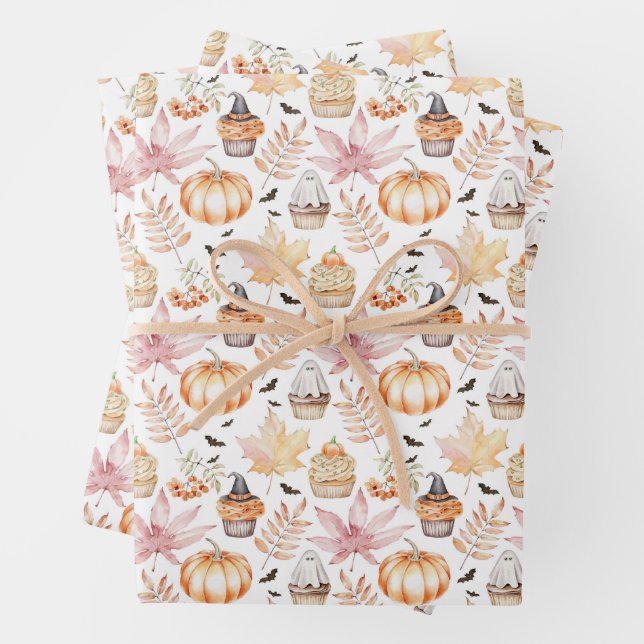 Cute Pastel Spooky Cupcakes Halloween Pattern  Wrapping Paper Sheet (In situ)